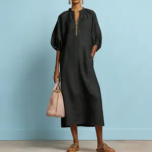 2026 Women's Casual Loose Linen Look Dress for Women Solid Color Short Puff Sleeve Everyday Comfort Basic Dress
