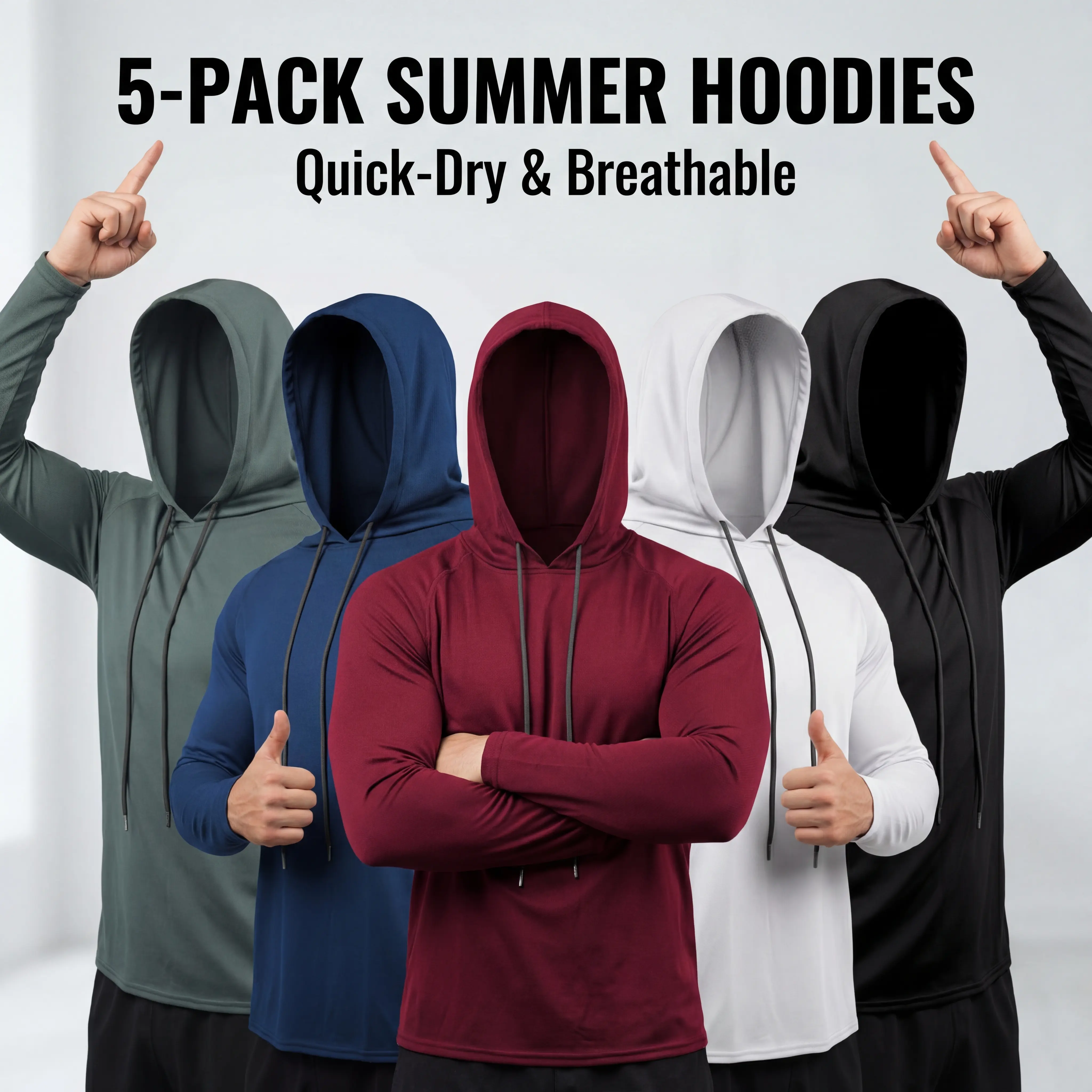 Men's 5-Pack Essential Long Sleeve Polyester Hoodies, Moisture-Wicking Activewear Tops