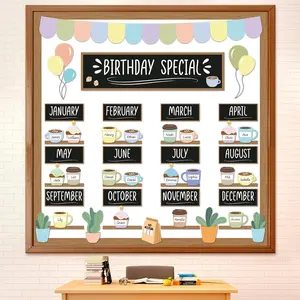 Birthday Bulletin Board Set Coffee Theme Birthday Special Classroom Decorations Coffee Cup Name Tags Chart Calendar Paper Cutouts for Spring Chalkboard Wall Door Decor Office Teacher Supplies
