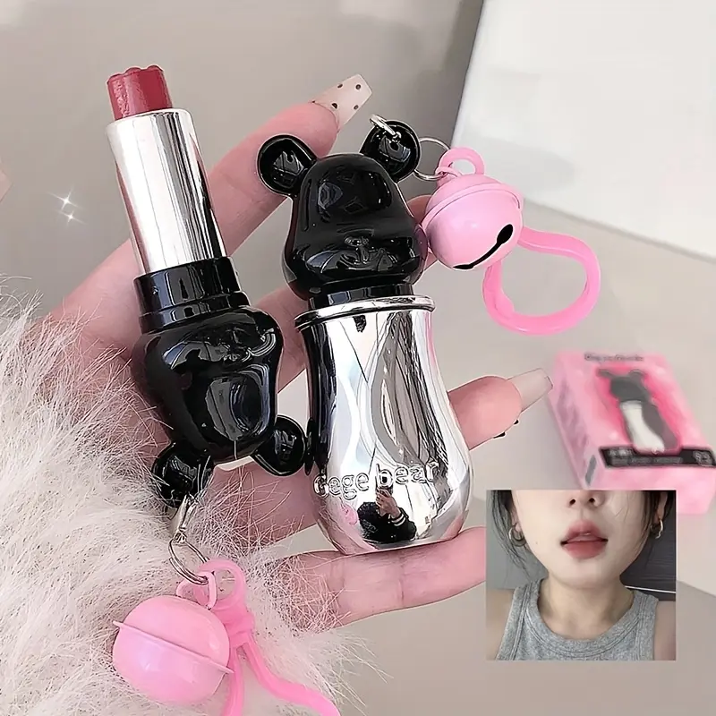 Velvet Matte Lipstick (Regular Edition) - Alcohol-Free, Pigment-Rich, High Pigmentation, Black Tube with Cute Bear Paw Keychain, Flawless Finish for Students' Daily Wear Makeup