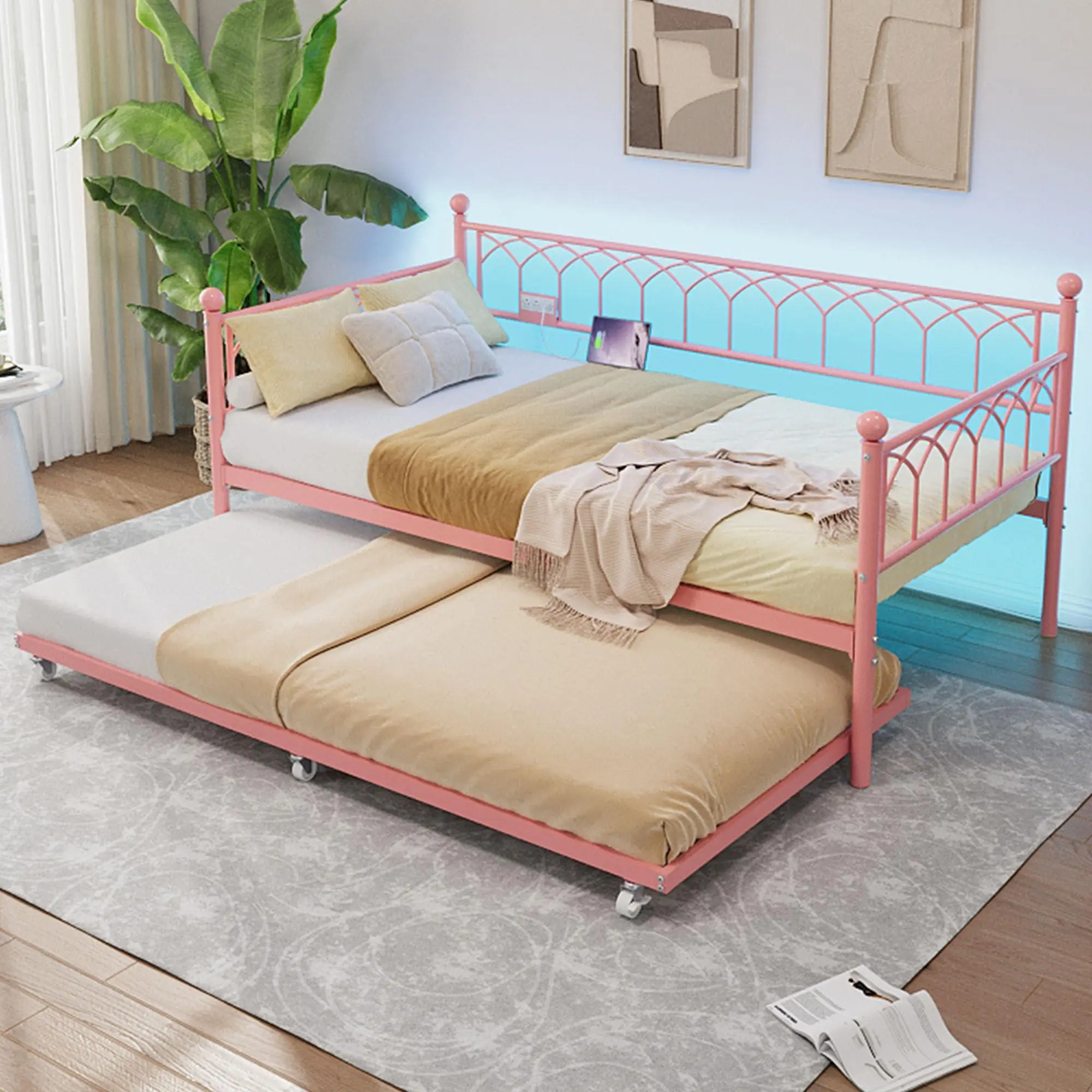 GARVEE Twin Daybed with Pull-Out Trundle, Charging Station & LED Lights, Metal Frame Sofa Bed for Living Room, Small Spaces, Pink