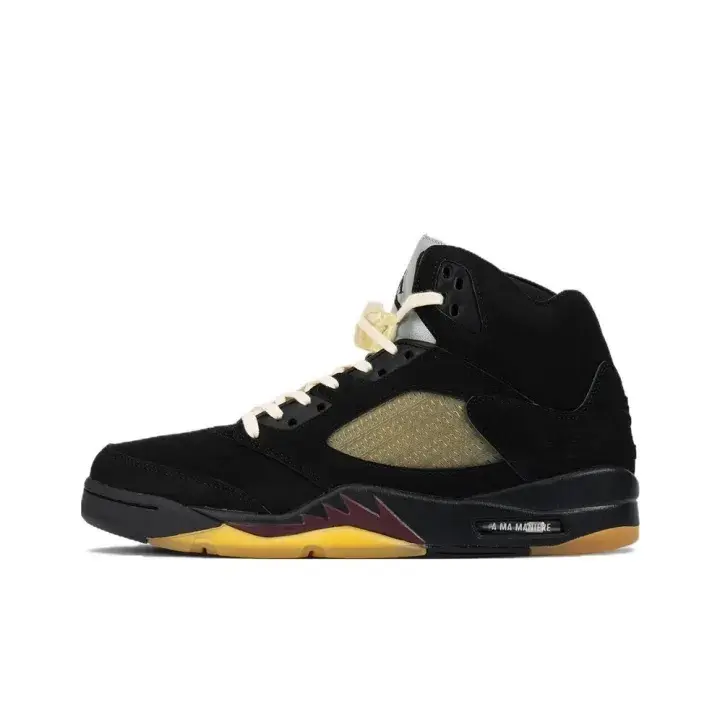 Retro High Top Basketball Sneakers, Black Suede Upper, Gum Yellow Outsole Street Shoes