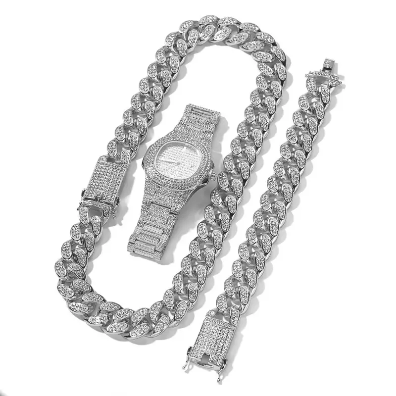 Iced Out Cuban Link Set - Cuban Link Necklace, Bracelet, and Diamond Watch