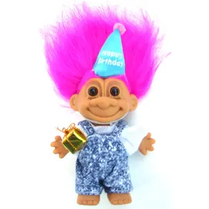 My Lucky Happy Birthday 6" Troll Dressed in Denim Overalls w/Present
