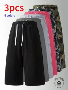 3-pack men’s casual 3/4 shorts: athletic 3/4 shorts with an elastic waistband and drawstring. Simple solid-color design that’s easy to pair—perfect for summer daily commutes and work, street events and outdoor activities, holiday leisure, sports running,