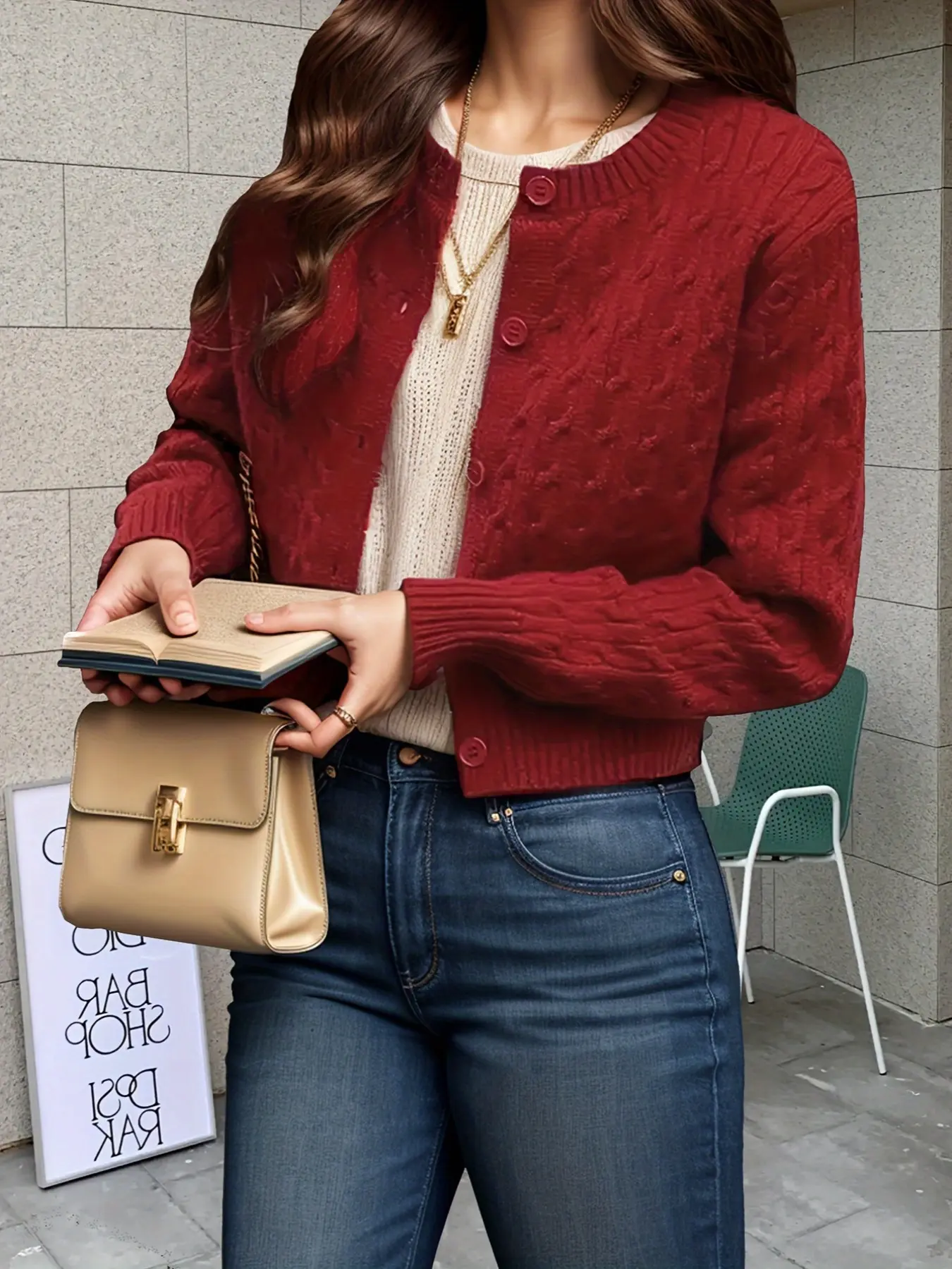 Women's Cherry Red Buttoned Vintage Long Sleeve Cardigan, Smart Textured Knit Jumper, Chic Outfit for Office & University, Ladies Red Knitwear