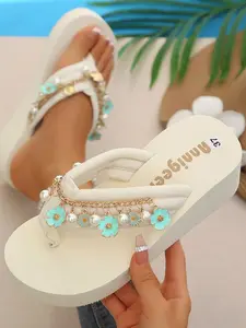 Beach Vacation Essential! Off- Thick Sole Wedge Sandals for Women, Elegant Floral Sandals, Light Color Floral Pearl Toe Posture Corrector Summer Shoes