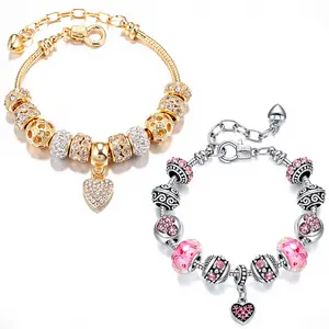 2 Pack Charm Bracelets Pink and Gold Heart Silver Plated Charm Bracelet,DIY Jewelry for Women Gifts,with Beads,Crystal,Charms,Love and Adjustable Snake Chain,Fits 7.5"+1.5",DIY Hand Tools Kits