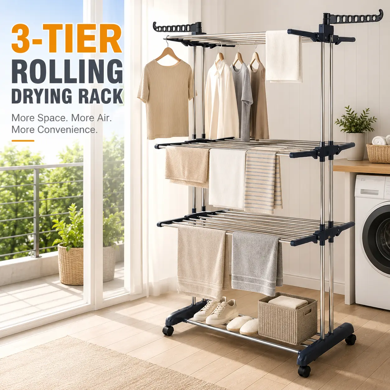 Collapsible Movable 3-Tier Rolling Clothes Drying Rack with Dual Side Wings, Laundry Dryer Stand, Hanger Rail, Iron Hangable Feature for Home, Outdoor Golf Gear & Shoe Drying-2534, Outdoors, Foldable Laundry Rack, Portable Drying Rack