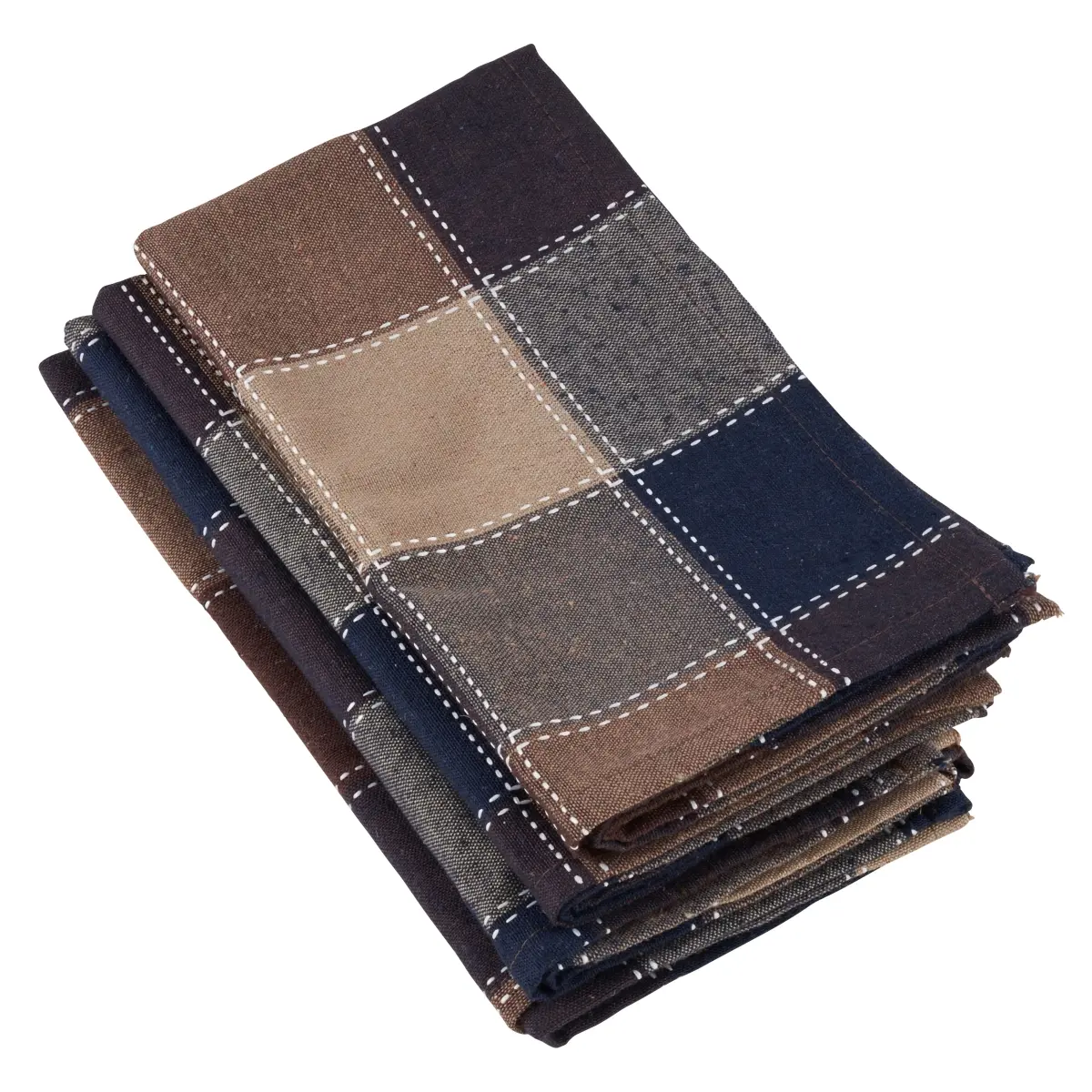 SARO 20 in. Square Cotton & Poly Blend Table Napkins with Stitched Plaid Design - Brown Set of 4
