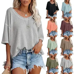 Summer New V-neck Batwing Sleeve Waffle Knit Loose Solid Color Short Sleeve T-shirt Women's Top Womenswear Tshirt