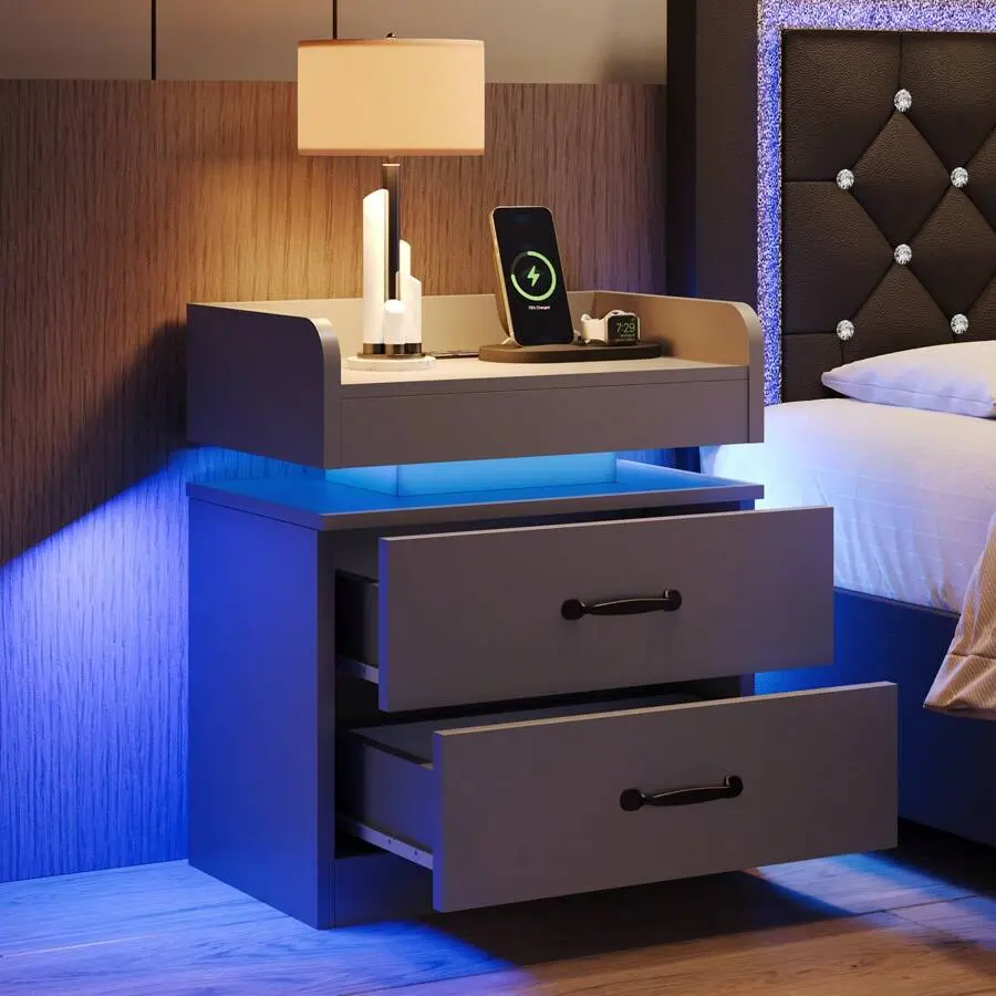 Trend Contemporary LED Nightstand with 2 Wood Drawers, USB Port Charging Station, Clean Design Floating Top Indoor Side Table for Bedroom, Black/White/Grey