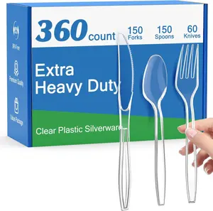 360 Count Extra Heavy Duty Clear Plastic Silverware, 150 Forks, 150 Spoons, 60 Knives, BPA-Free, Heat Resistant, Disposable Plastic Utensils Set, Plastic Cutlery Set, Plasticware Bulk Kitchen