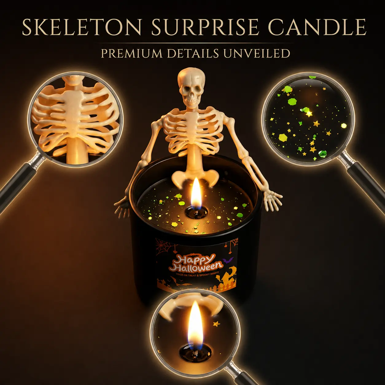 Halloween Skeleton Scented Candle with Decorative Bone Figure, Spooky Glass Jar or Tin Wax Gift, Multiple Fragrance Options for Party, Gothic Home and Seasonal Decor
