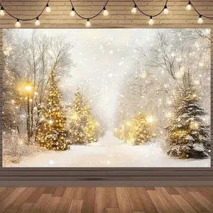 1pc 2D Flat Festive Snowy Pathway Backdrop with Decorated Fir Trees & Glowing Lanterns Perfect for Christmas Photography Holiday Celebrations and Winter Themed Events Durable Polyester Fabric