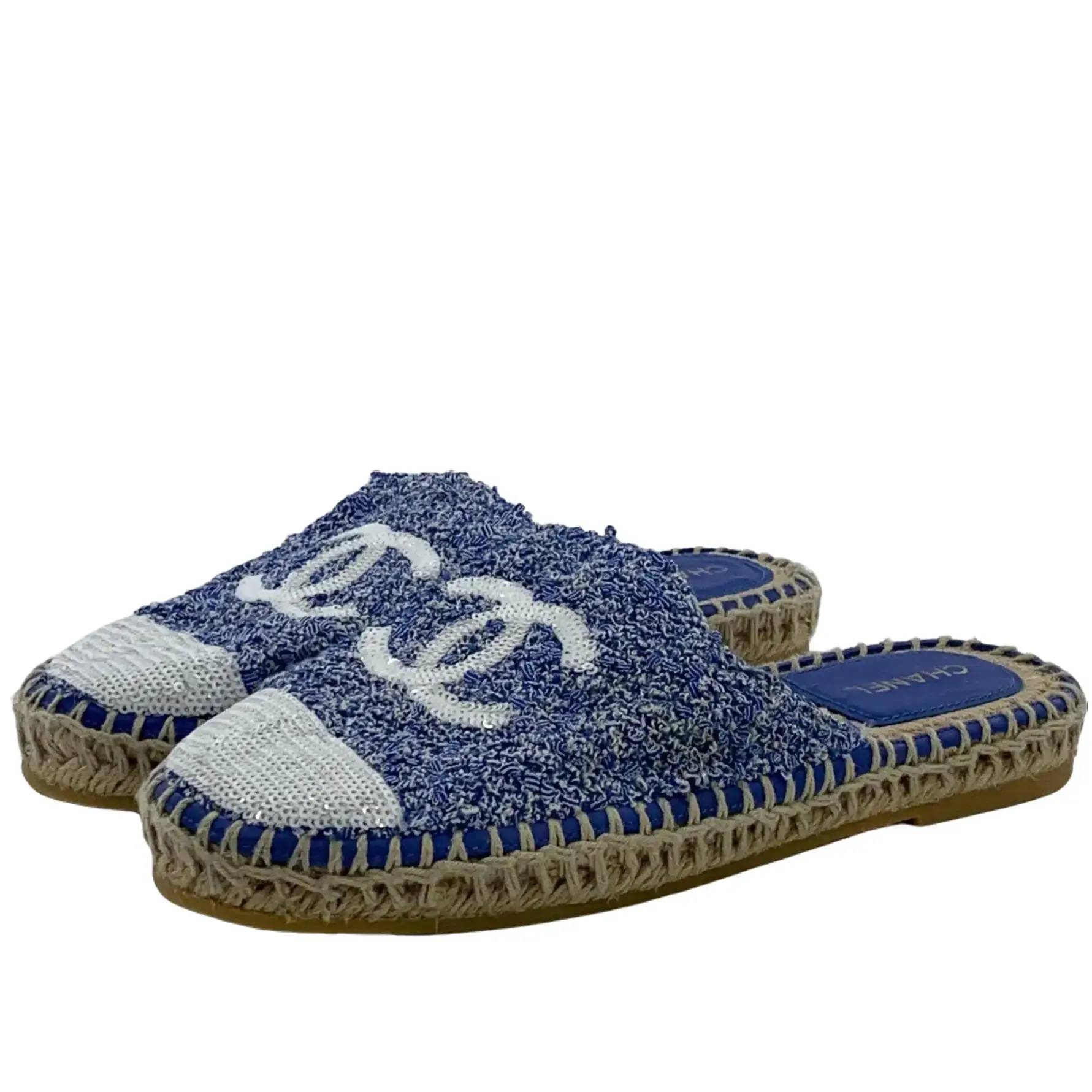 RDLT-Chanel Size 36 24P Dark Blue Interlocking CC Sequin Tweed Flat Espadrille Mules-H38106