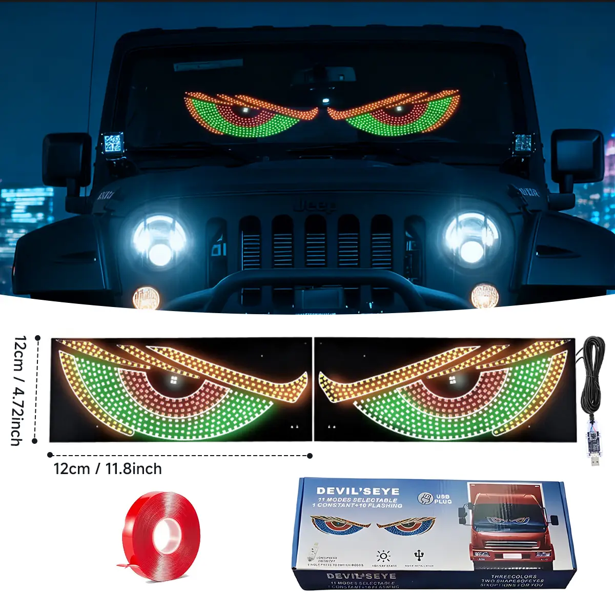 Customizable Programmable LED Devil’s Eye Car Display Sign, Eye-Catching LED Eyes Light for Cars, SUVs, Pickups, Trucks, Vans, and More Vehicle Types