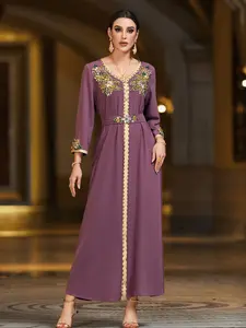 Women's High-End Rhinestone Handmade Fitted Casual Long Sleeves Dress, Elegant Water Drill Embroidered Party Gown, Stylish All Occasion Wear, Formal Wear