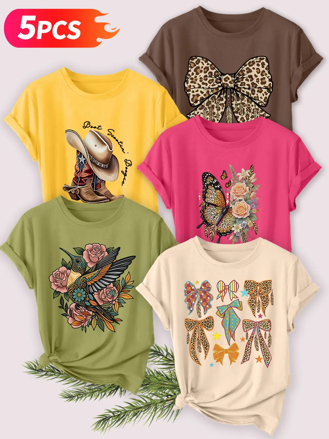 5pcs Women's Crew Neck T-Shirt, Western Cowboy & Butterfly Print, Multiple Colors Available, Machine Washable, Spring & Summer Top, Soft Skin-Friendly Fabric, Daily Versatile, Casual, Fashion Design, Womenswear