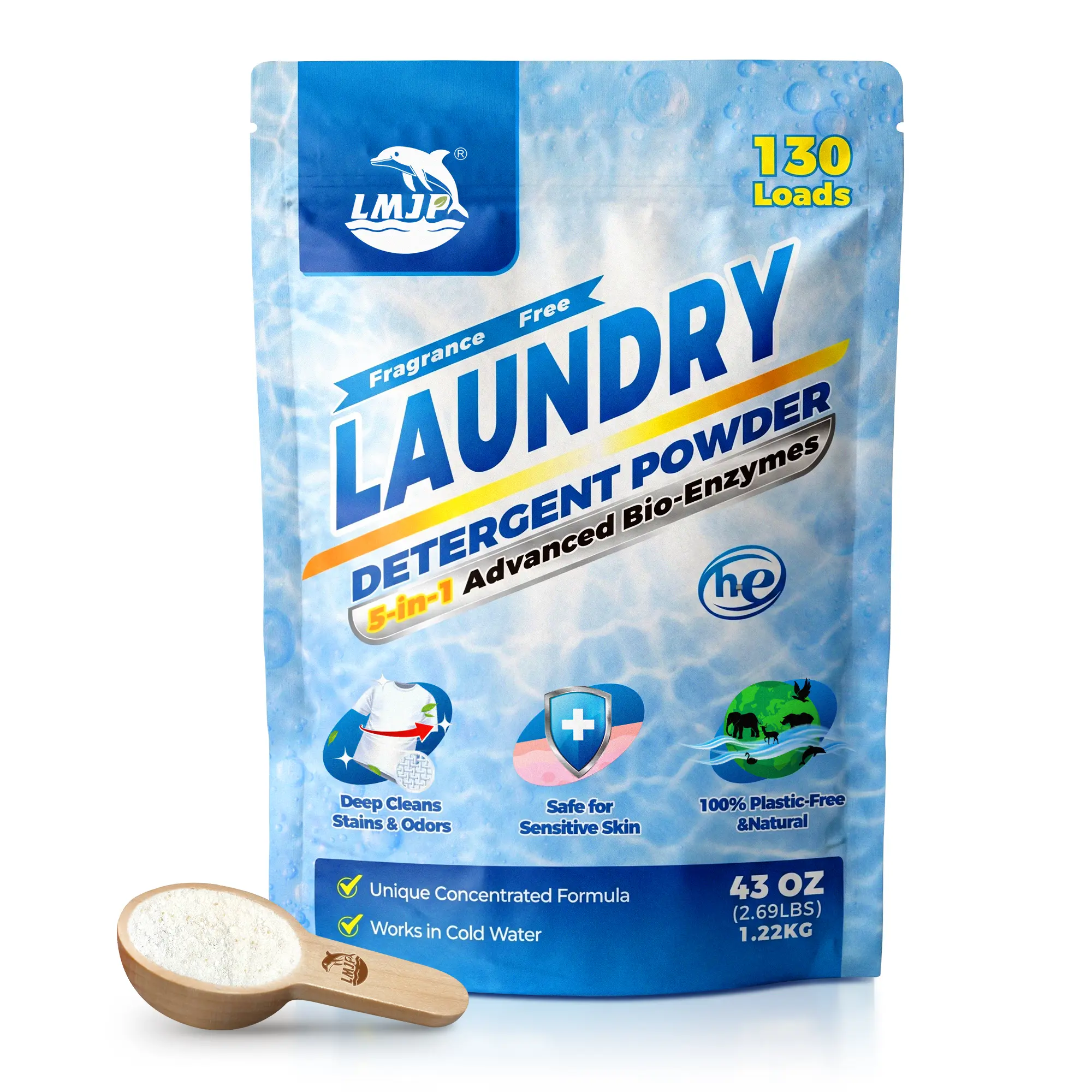LMJP Bio-Enzyme Laundry Detergent Powder, 130Loads | Plastic-Free & Hypoallergenic for SensitiveSkin | Ultra Concentrated Formula for Tough Stains &Odors | HE Compatible | Fragrance-Free