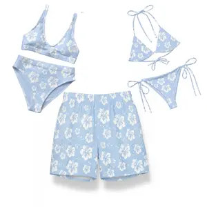 Matching Couple Swimsuits - His & Hers Tropical Swimwear - Floral String Bikini & Mesh Shorts