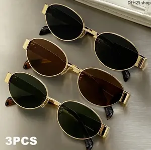 3 Pack Women Oval Metal Frame Sunglasses, Tinted Lens Design, Lightweight Comfort Fit, Casual Daily Outfit, Beach Vacation Use, Classic Elegant Style, Premium Eyewear Accessories, Perfect Gift Option For Ladies All Occasions
