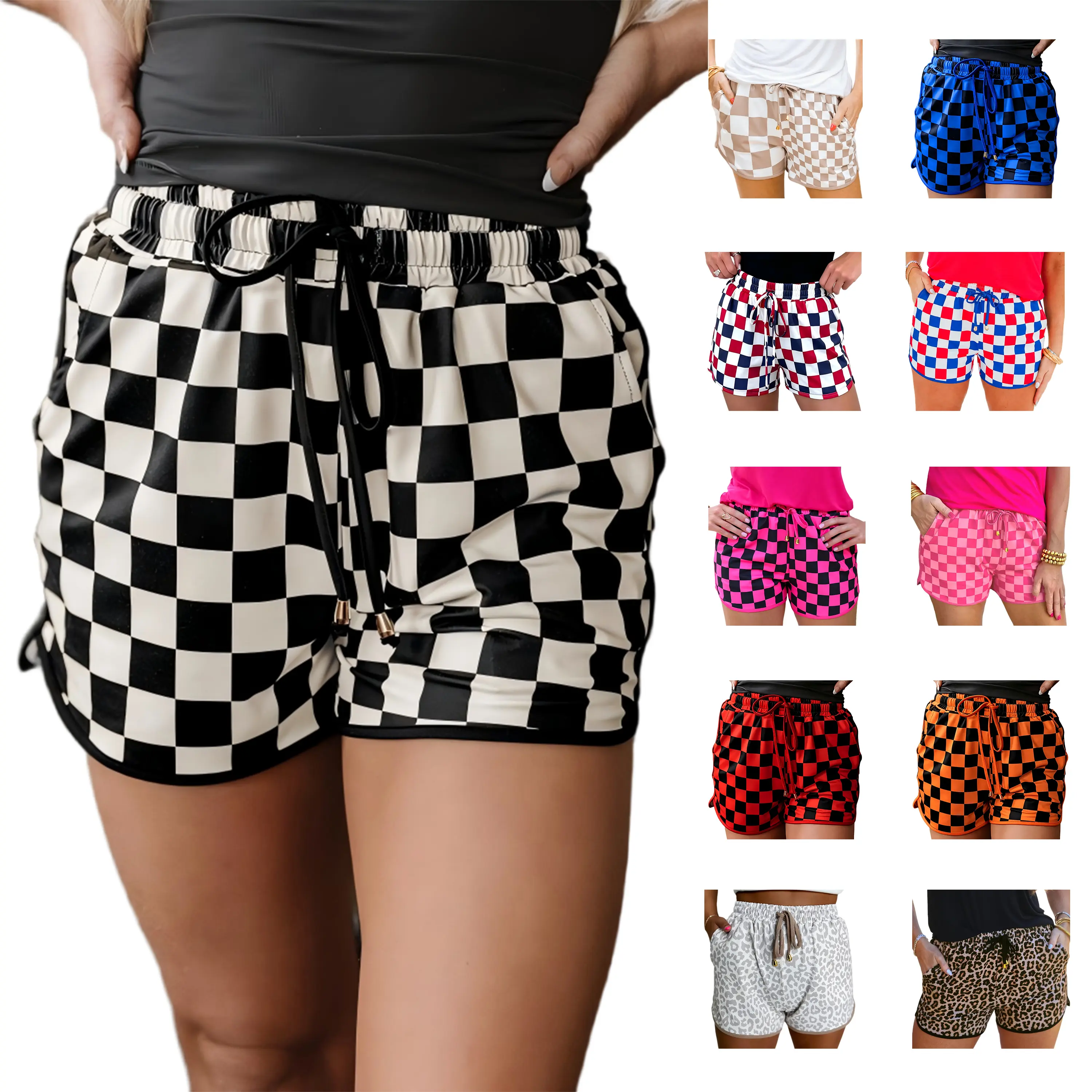 Znacicc Women's Checkered Adjustable Drawstring Elastic Waist Casual Shorts 2025 with Pockets Fitted  Wear,Womenswear