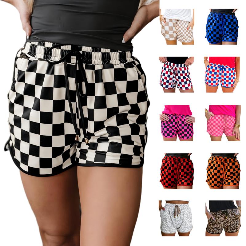 Znacicc Women's Checkered Adjustable Drawstring Elastic Waist Casual Shorts 2025 with Pockets Fitted Wear,Womenswear