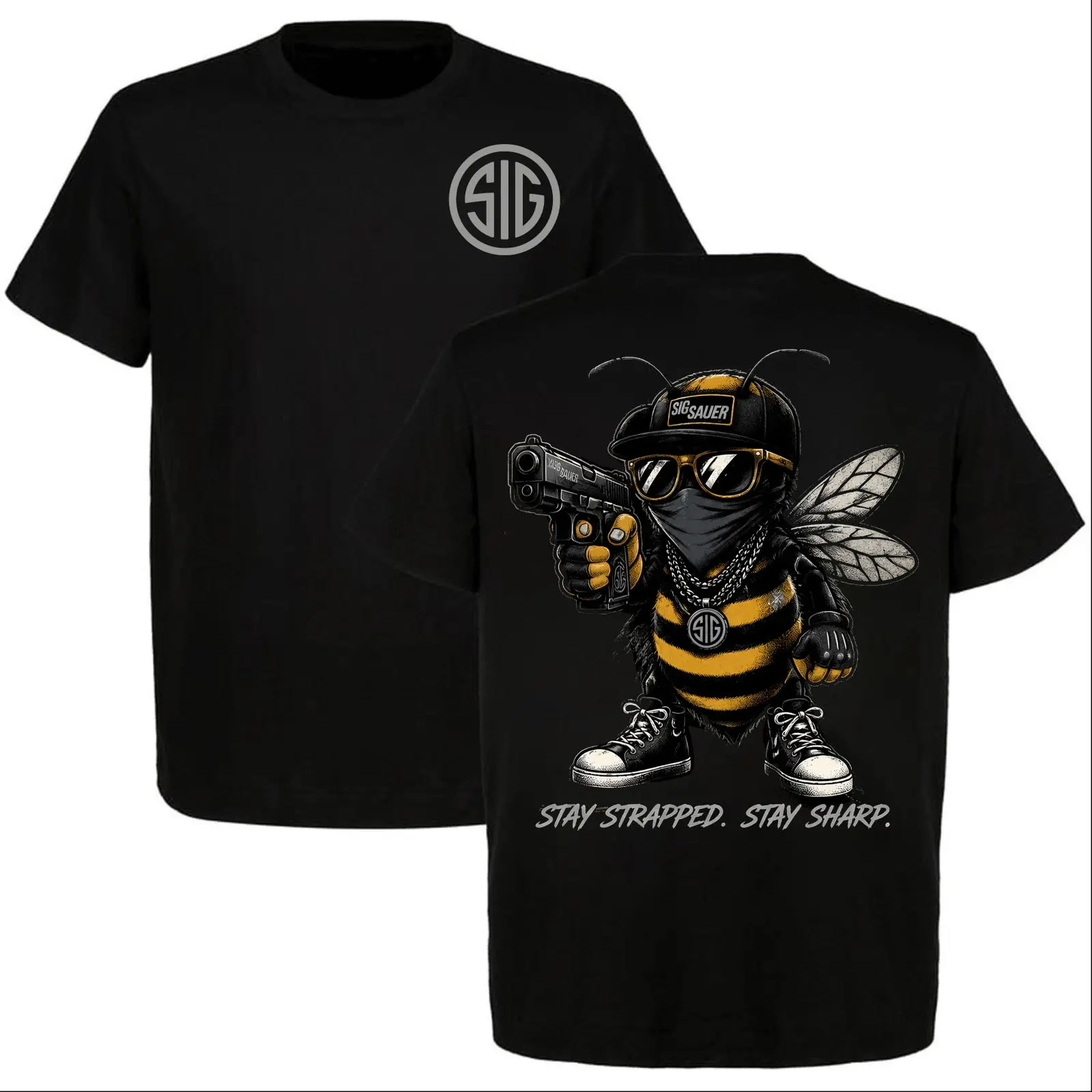 SIG Sauer Bee T-Shirt Stay Strapped Stay Sharp Funny Tactical Gangster Bee Graphic Tee Black Men Streetwear Gun Lover Meme Shirt
