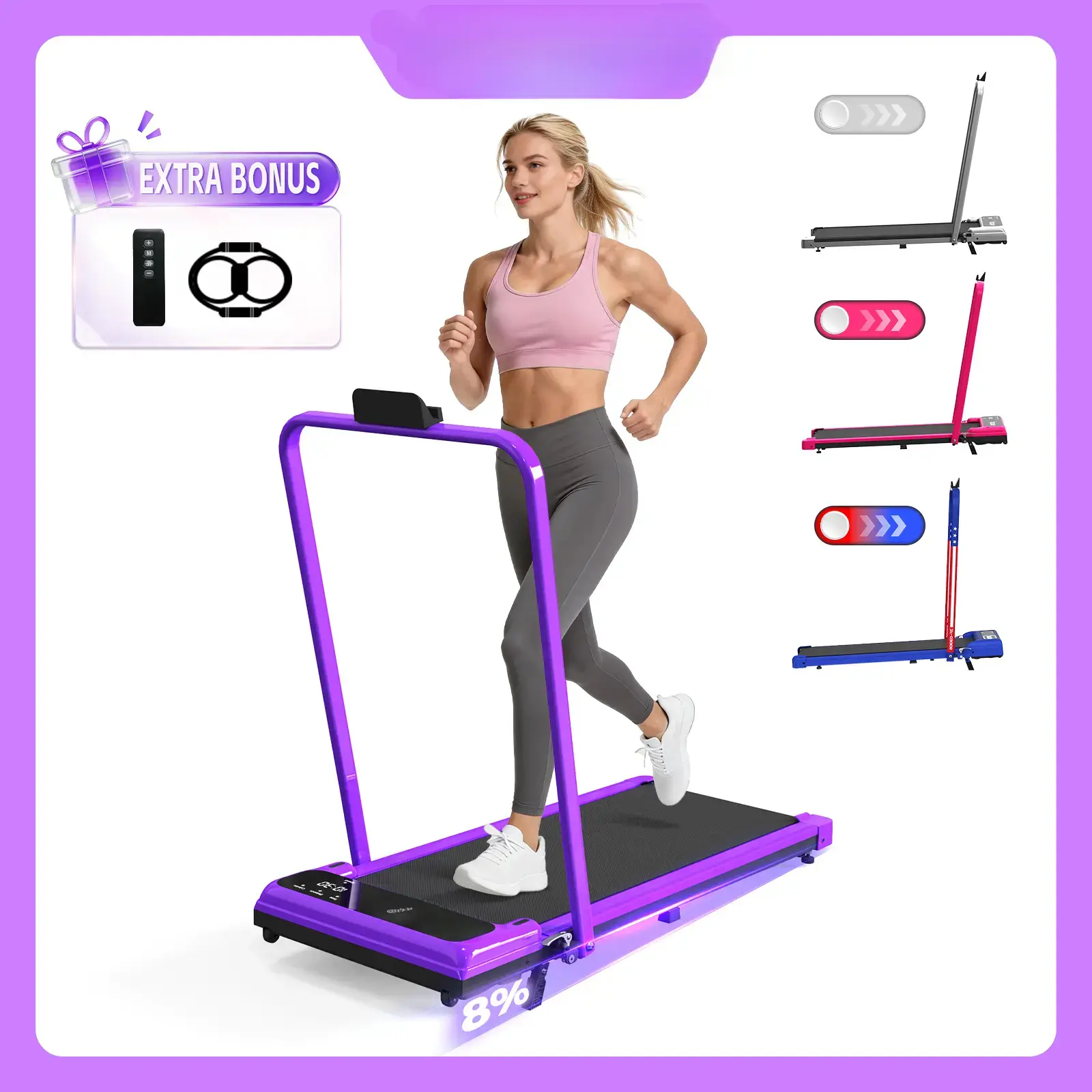 Armrest-style silent home treadmill – features dual shock absorption, a weight capacity of 265 pounds, a wide running belt and a compact design for easy mobility