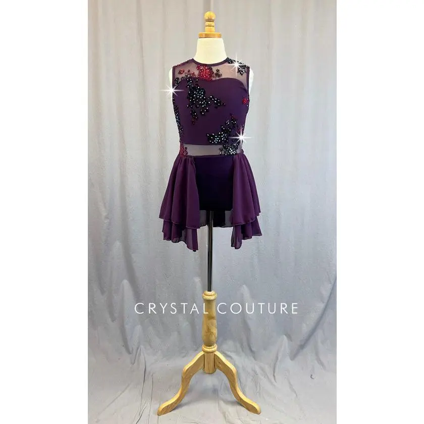 Plum Leotard with Back Skirt & Velour Flower Mesh - Rhinestones