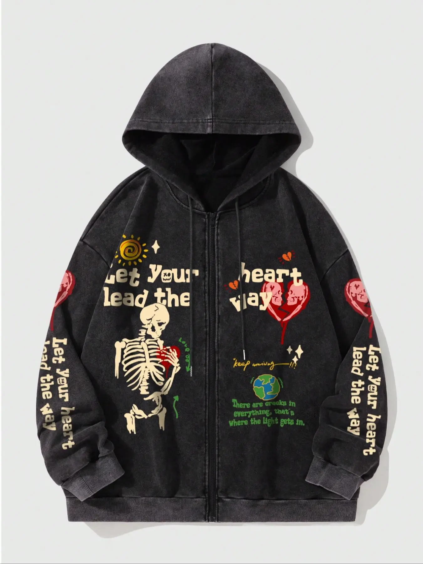 Men's Skull Print Zipper Hoodie Tops, Casual Loose Fit Design, Long Sleeve Comfortable Fashion Hooded Sweatshirt for All Seasons