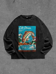 Men's Fishing Washed Vintage Round Neck Long Sleeve T-Shirt, Casual Fitted Style, Random Print, All Seasons Wear, Menswear, Casual Clothing