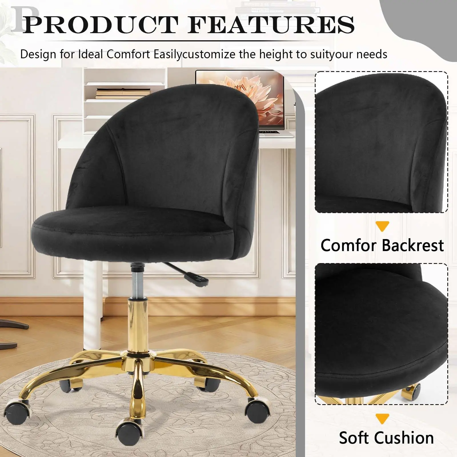 Black Velvet Vanity Chair with Gold Base, Small Swivel Makeup Chair for Bedroom & Home Office, Adjustable Height Cute Desk Chair with Wheels for Girls