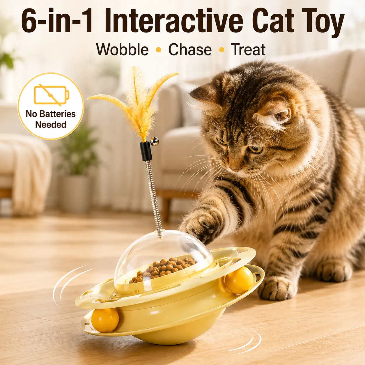CATMUSE 6-in-1 Interactive Cat Toy, Wobble Treat Dispensing Cat Toy with Feather Teaser & Dual Track Balls, Self-Righting Puzzle Enrichment Toy for Indoor Cats, Kitten Play Toy for Boredom Relief