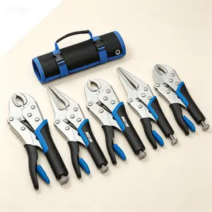 6-Piece Locking Pliers Set with Fast Release, 6-1/2" and 9-1/2" Long Nose, 5" 7" 10" Curved Jaw, 6" C-Clamp Grip, Rolling Pouch for Storage, Reusable Hand Tool Kit