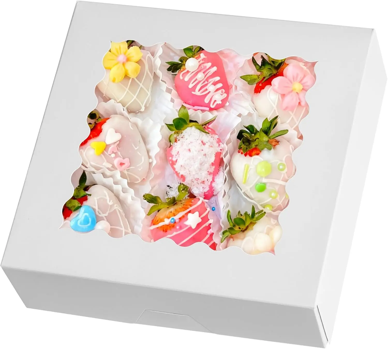 Pie Boxes, 20 Pack Auto Pop-up Chocolate Covered Strawberry Boxes White Bakery Boxes with Window for Cookies, Treats, Pastry, Breakable Heart, Donuts, Muffins