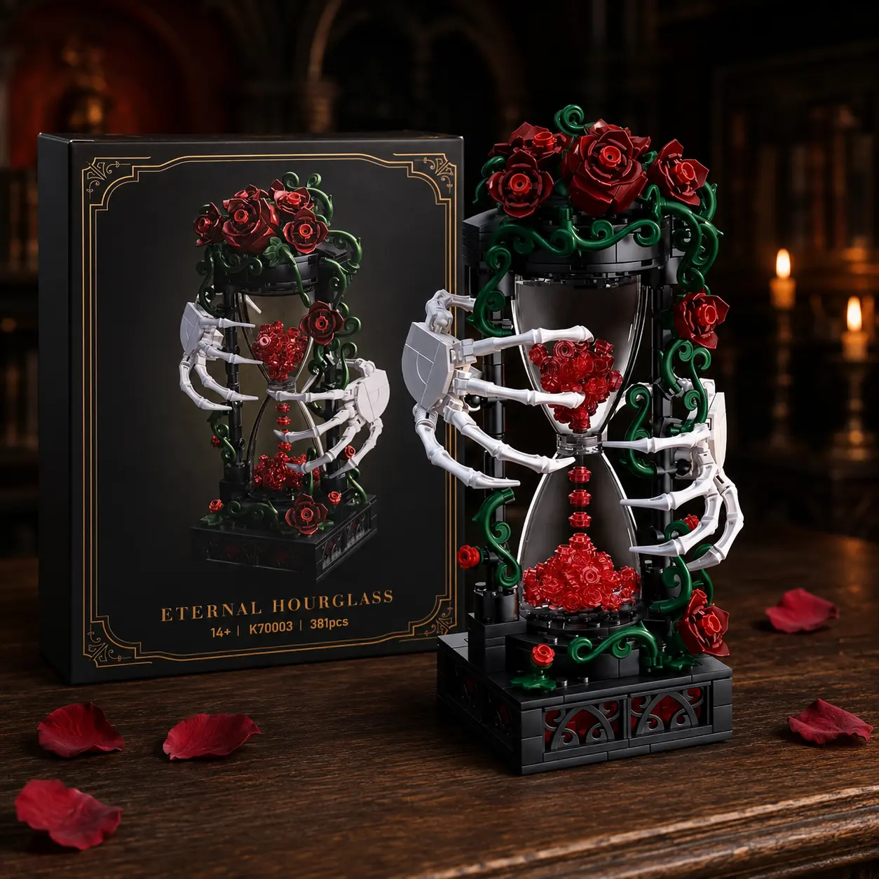 Gothic Eternal Hourglass Building Block Set, 381PCS Skeleton Hands Red Rose Heart Display Model, Dark Academia DIY Puzzle for Adults, Halloween Room Decor & Birthday Christmas Gifts for Gothic Lovers birthday gift