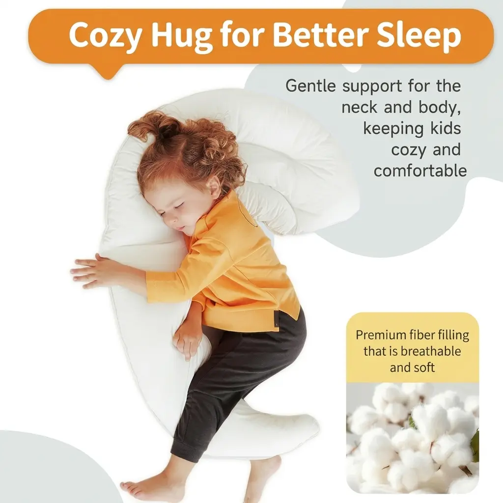 Choc chick Curve Toddler Body Pillow for Sleep Training, 34x27 inches Moon Shape Soft Child Hug Pillow, 100% Natural Cotton Pillowcase, Washable & Breathable Crib Pillow for Kids