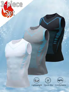 Summer Men's Sports Vest 3-Piece Set Sleeveless American Style Design Highly Elastic Form-Fitting Quick-Drying Breathable Sweat-Wicking Material for Fitness Hiking Running - Casual, Menswear penny tees long clothing