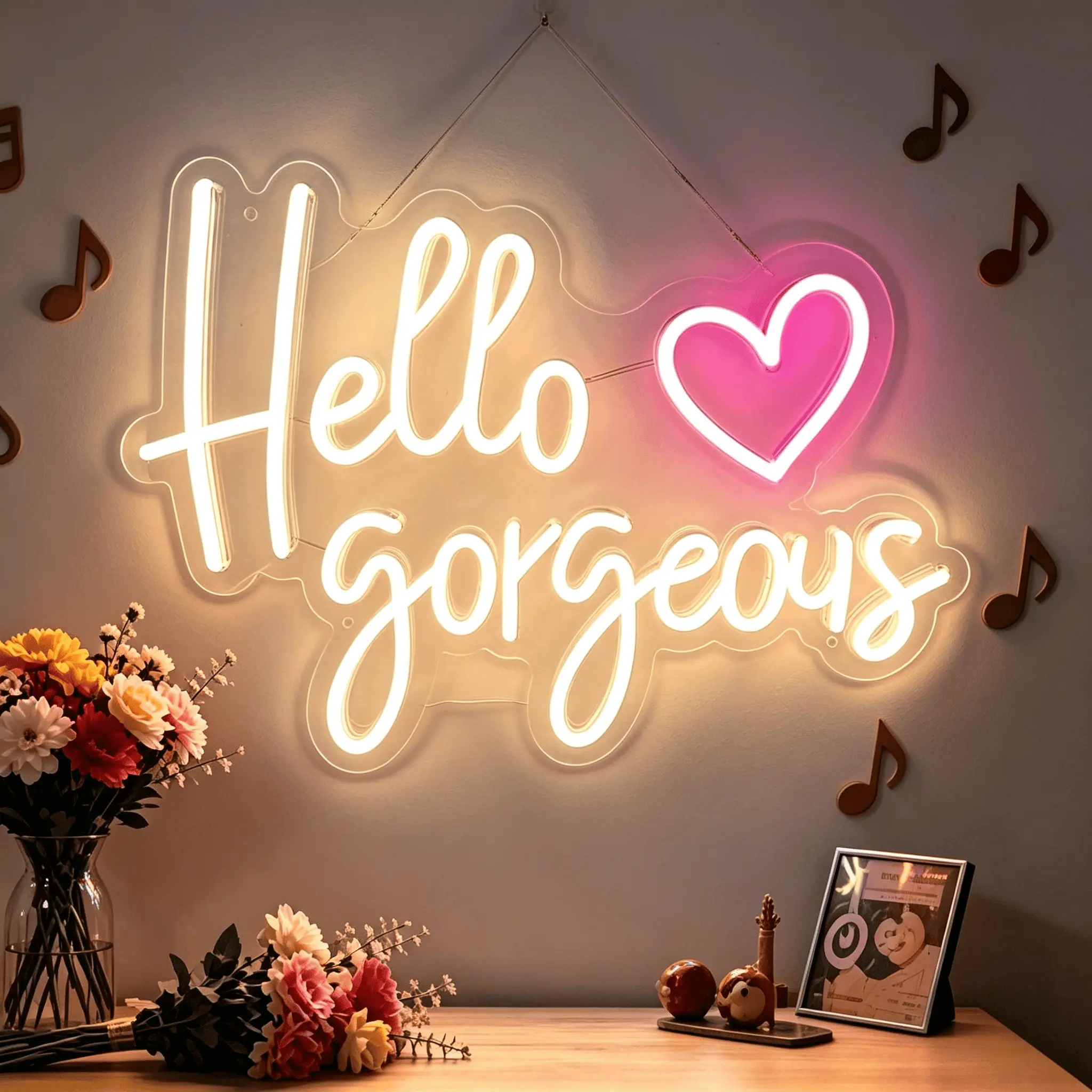 Hello Gorgeous Dimmable USB-Powered LED Neon Sign - White with Pink Heart, Easy-to-Hang Aesthetic Home Decor for Wall, Cute Living Room Accent, Birthday Gift for Vanity Beauty Room, Room Decor