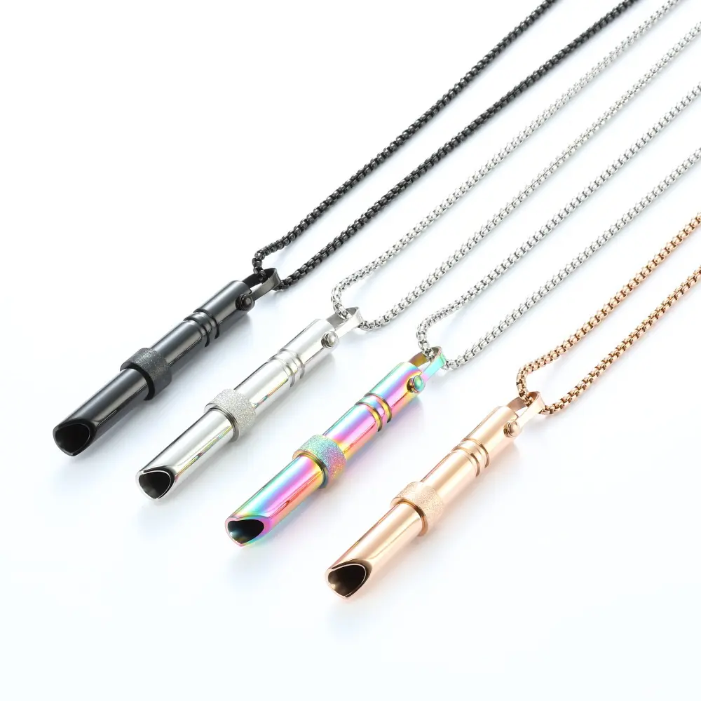 Titanium Steel Anxiety Relief Square Necklace - Rotatable Turn Bead, Heart Pearl Pendant, Mindfulness Breathing Whistle, Relieve Anxiety Jewelry Gift for Adults