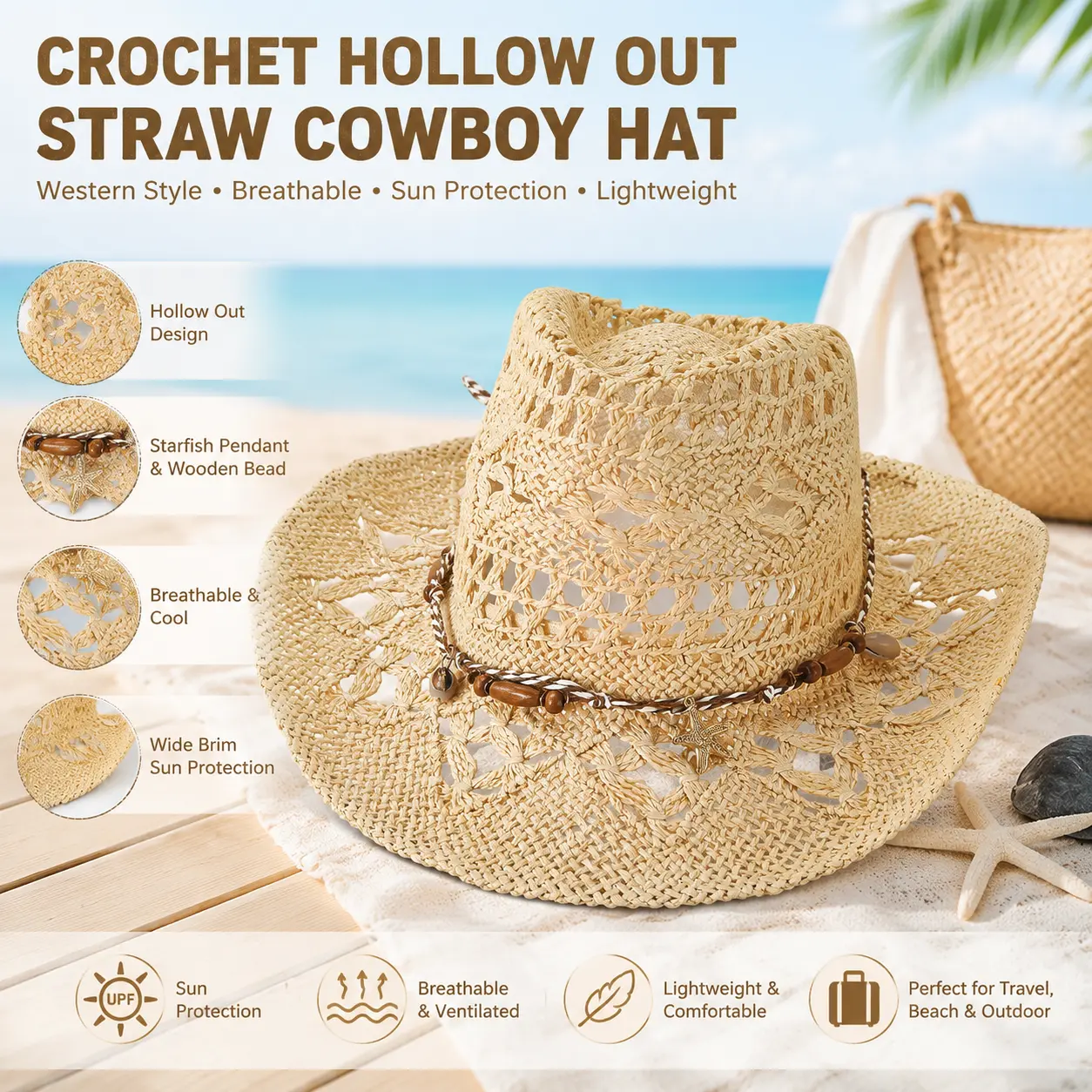 Crochet Hollow Out Straw Western Cowboy Cowgirl Hat, Starfish Pendant Wooden Bead Braided Band Wide Brim Breathable Sun Hat for Beach Vacation Outdoor Travel