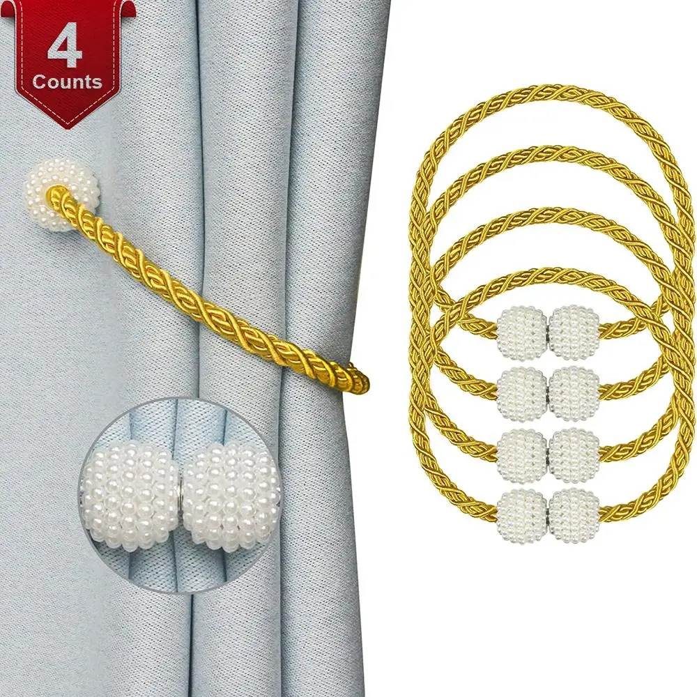 Magnetic Curtain Tieback, 4 Counts Faux Pearl Ball Decor Curtain Buckle, Curtain Tie for Holding Curtains & Drapes, for Bedroom Living Room Home Decor
