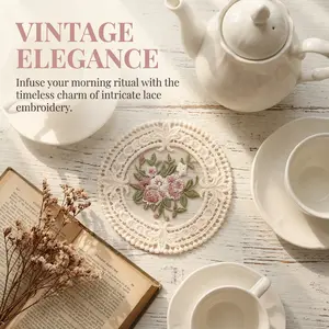 Rose Embroidered Coasters Set of 5, Non-Slip Table Mats, 4 Inch Drink Coasters, Decorative Coasters for Home Kitchen Dining Table