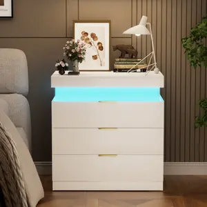 [Bellemave]Nightstand with Charging Station and LED Lights,Night Stand with Sliding Top for Bedroom,Bedside Table with Drawers,Modern End Side Table,White.28.8''W x 17''D x 30.5''H.