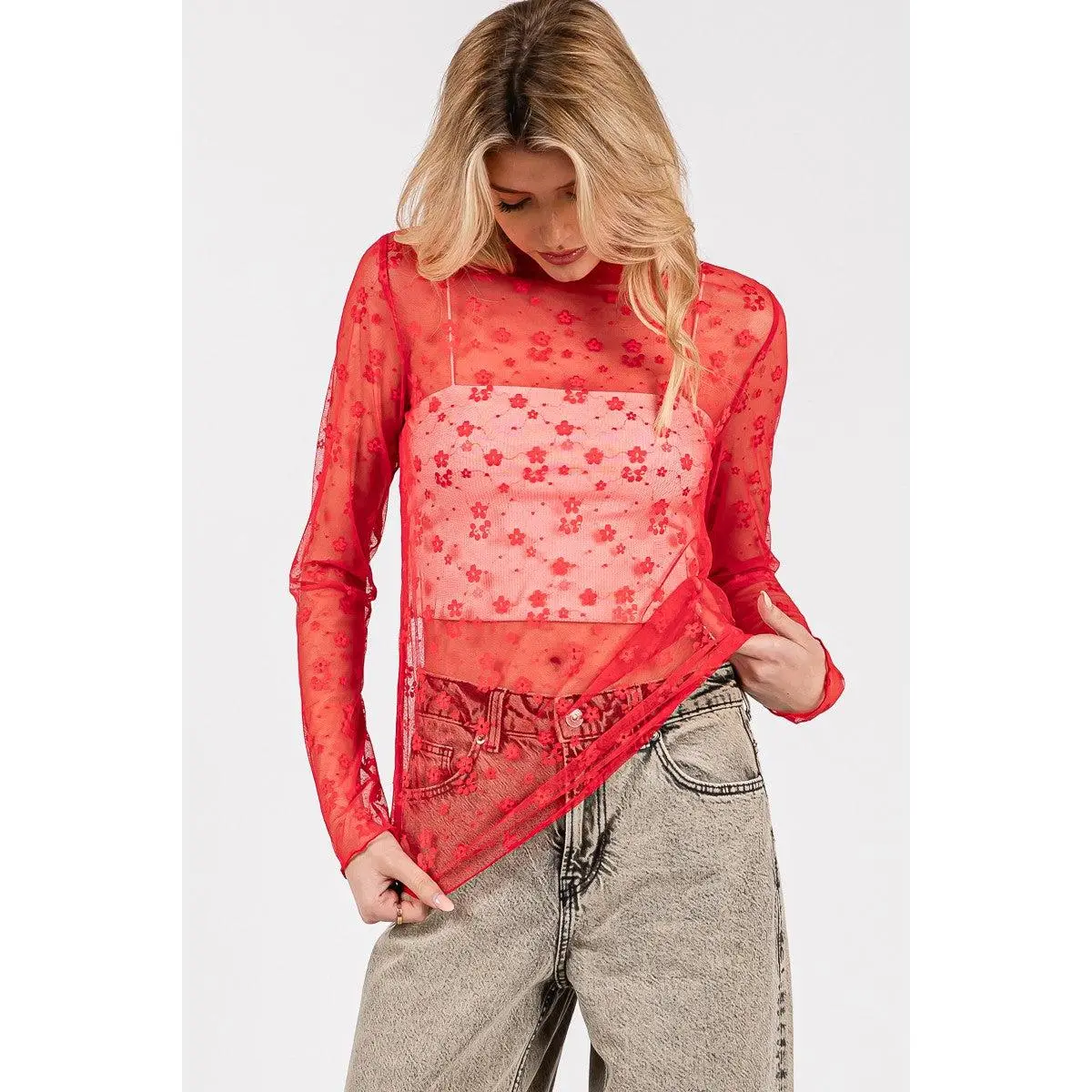 Women's Lacy Mesh Blouse - Lightweight Longsleeves High Neck Sheer Crop Top with All-Over Flowers, Breathable Fabric for Casual Layering, Feminine Evening Wear