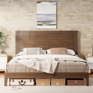 AMERLIFE Solid Wood Bed Frame, Mid-Century Modern Platform Bed with 48" Headboard, Wooden Slats & Metal Support, Noise Free, No Box Spring Needed
