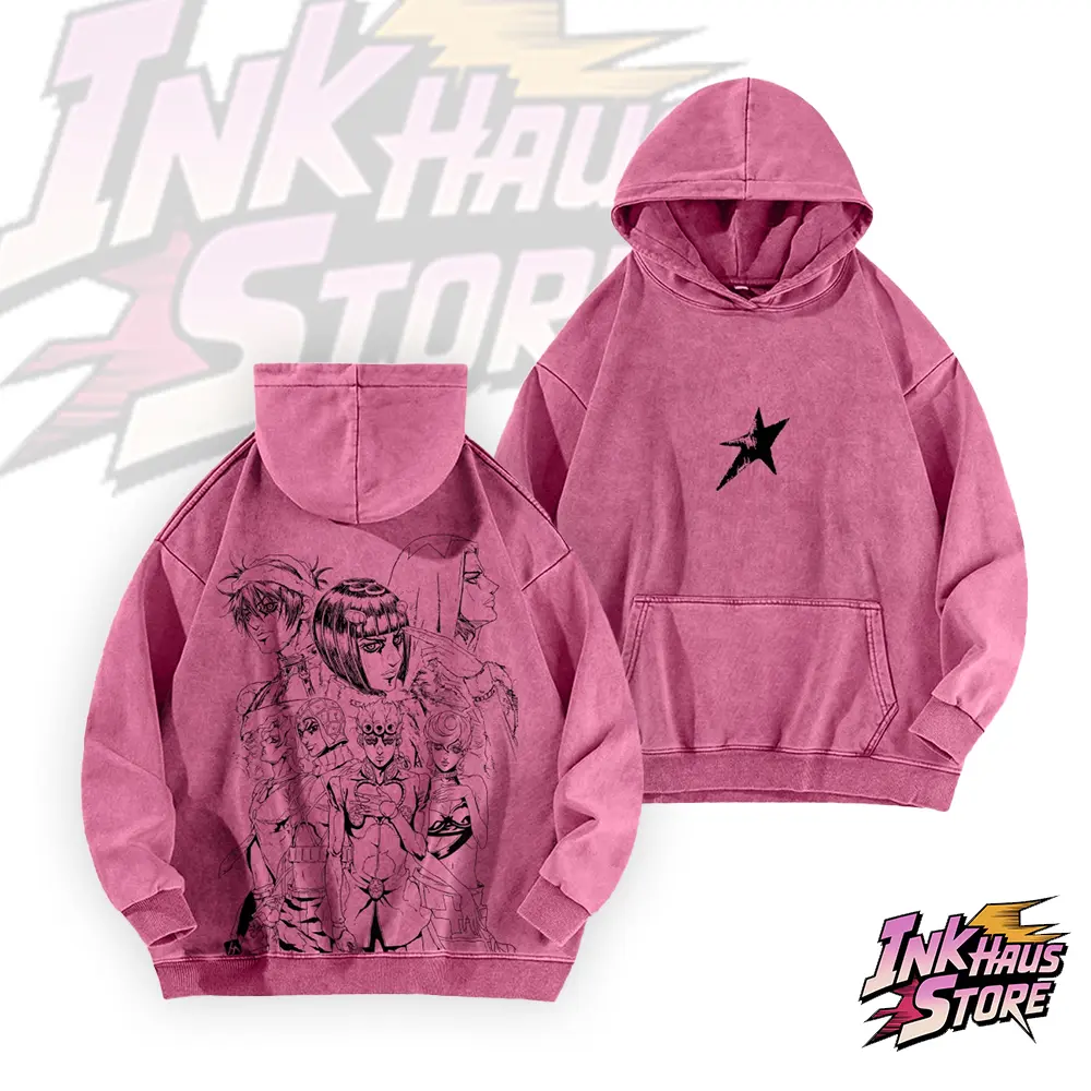 Main characters from "JoJo's Bizarre Adventure: Golden Wind," featured in an artistic illustration pattern - Long Sleeve Cotton Unisex Vintage Hoodie
