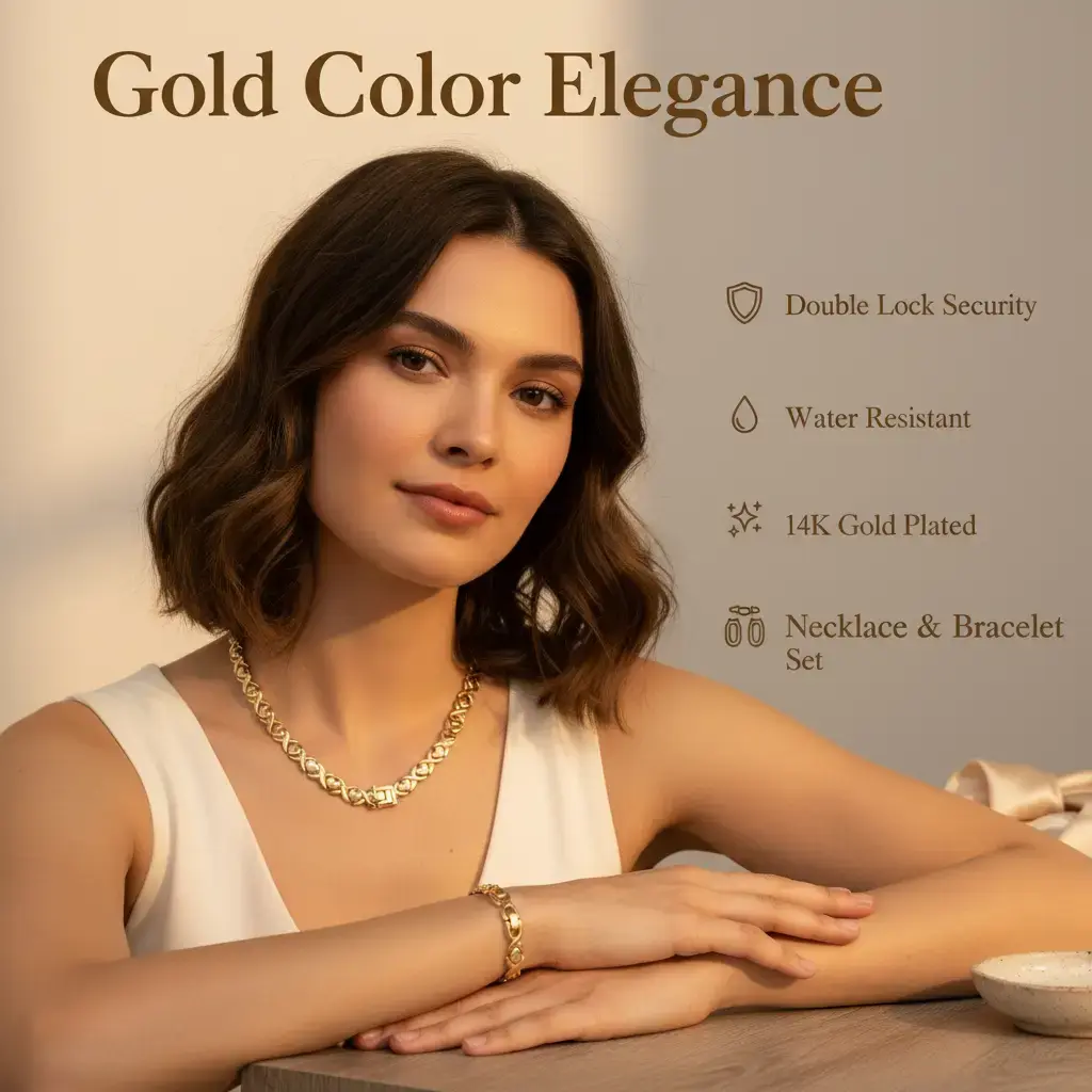 Amtiari XOXO Set – Double Lock Necklace & Bracelet Set, Water Resistant, High-Quality 14K Gold Plated, Adjustable